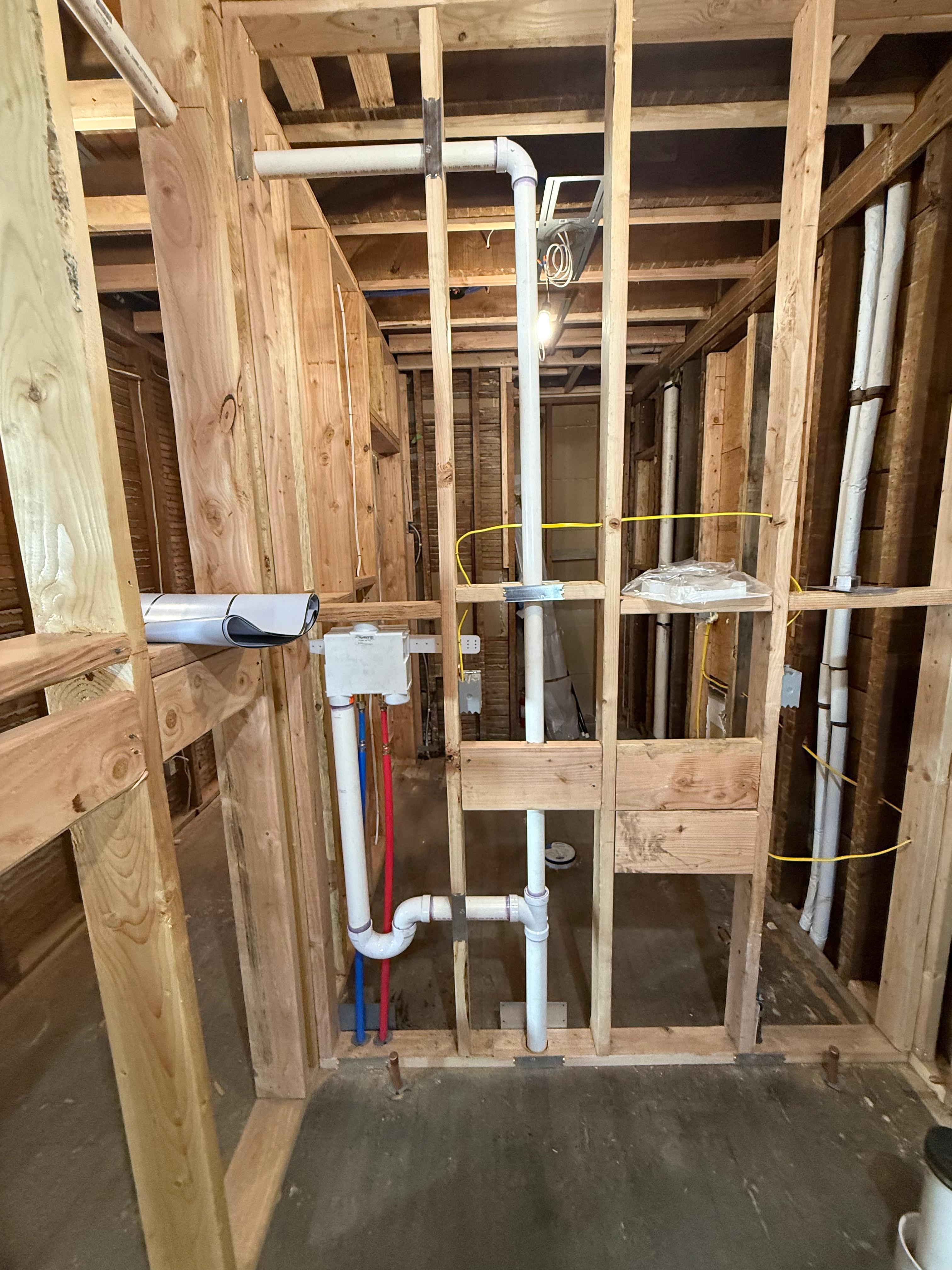 Bathroom plumbing rough-in work stage in Dumont, Bergen County, and surrounding areas